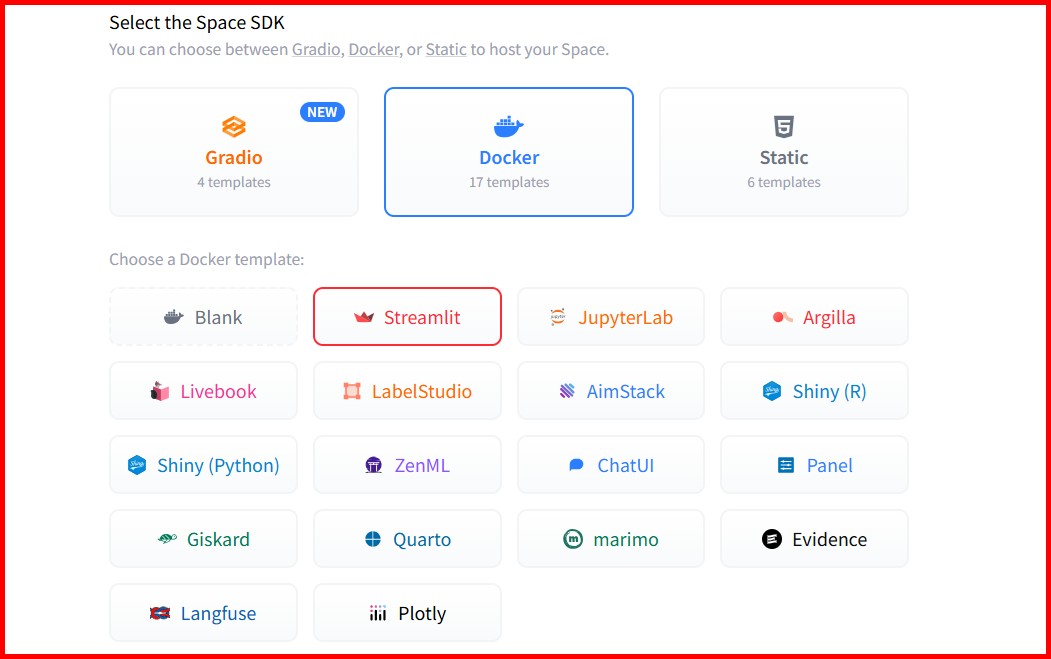 Picture showing selecting the Streamlit SDK